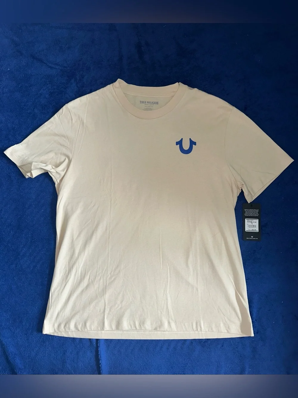 New True Religion Mens Beige Silicone Blue Logo Tee T Shirt Top Large L NWT